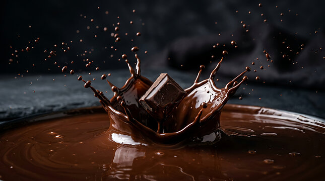 A dark chocolate cube splashing into a pool of rich melted chocolate against a dark background.