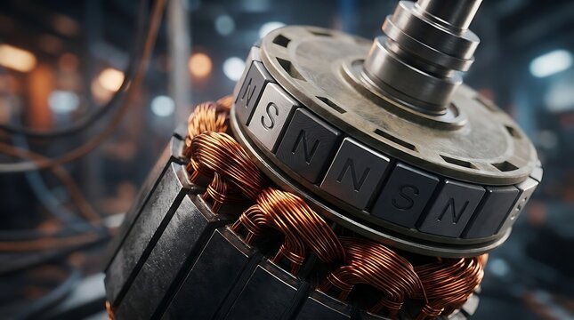 Close up view of an industrial electric motor rotor with copper windings and magnetic poles