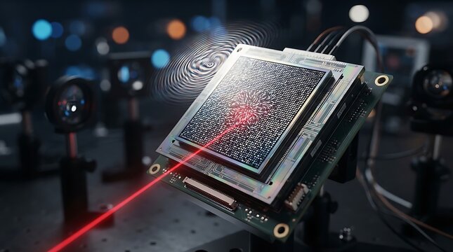 Advanced photonic chip development with laser beam analysis in a laboratory setting for future computing and optical data processing technology