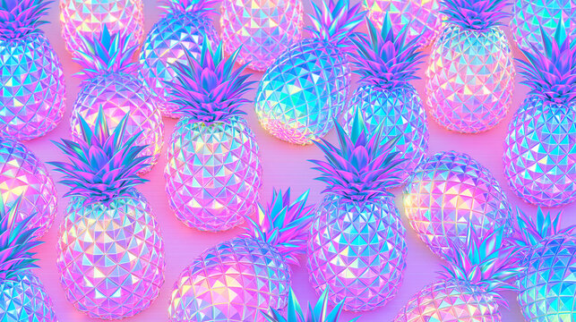 seamless pattern of pineapples, futuristic wallpaper, holographic pineapples, background, modern summer background