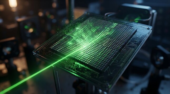 Advanced laser beam testing a high performance computer processor chip in a laboratory setting