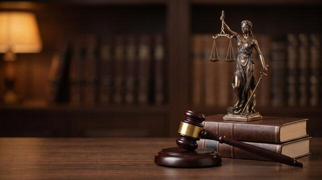 Lady Justice Statue and Wooden Gavel on Law Books in Attorney Library Background Court Judgment Legal System Advocate Office and Attorney Website Header Banner