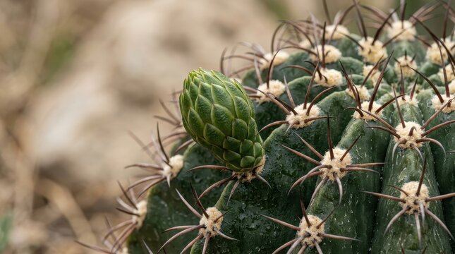Close-up of a Green Cactus Flower Bud with Sharp Spines and Fuzzy Areoles in a Desert Garden