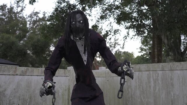Tall spooky ghoul with glowing eyes holds chains by a weathered white fence. Halloween yard decoration in a suburban outdoor lawn creating a scary horror scene.