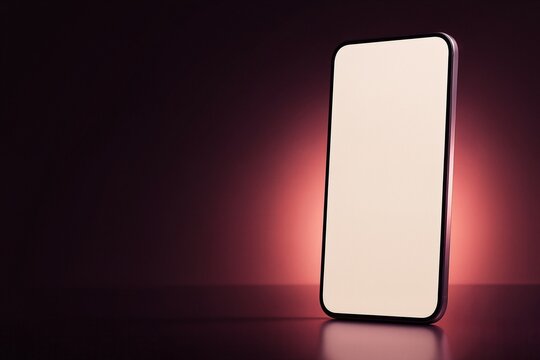 Smartphone mockup with blank screen on reflective surface illuminated by soft lighting. Minimalist design showcases mobile technology featuring clean lines and modern aesthetic.