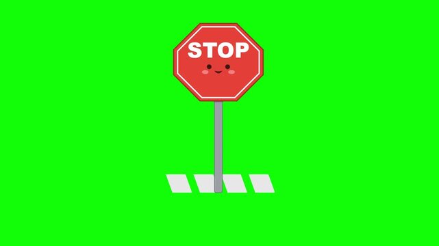 Animated cute stop signs with happy faces on green screen background