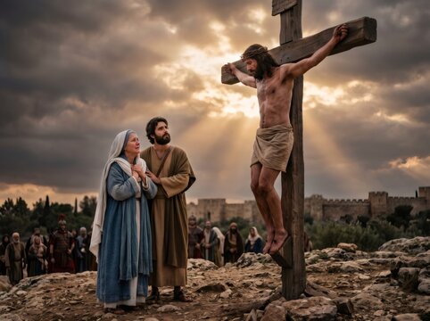 Jesus Christ dying on cross with Mary and John