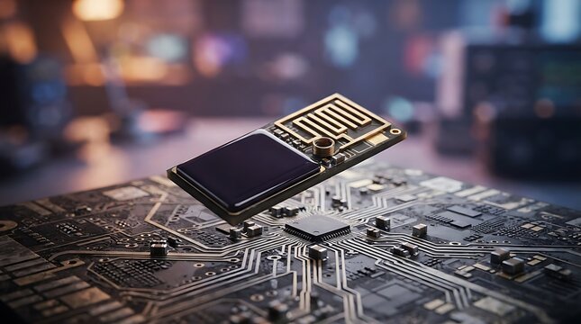 Advanced microchip module hovering above a complex computer motherboard in a high technology laboratory environment