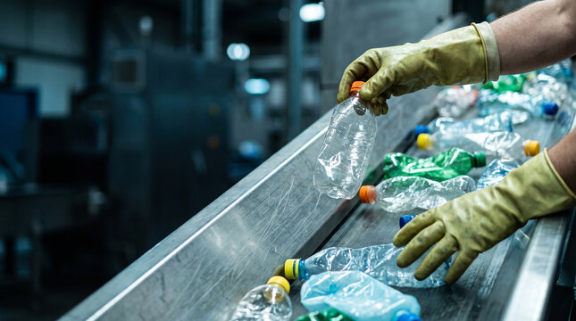 Worker Hands in Gloves Sorting Plastic Bottles on Conveyor Belt at Recycling Plant Environment Conservation Facility and Waste Management Industry Banner Background