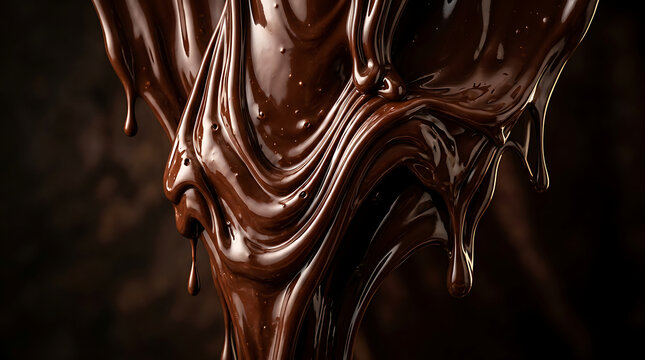 Luxurious dark melted chocolate dripping and swirling, creating a rich, tempting, and delicious texture.