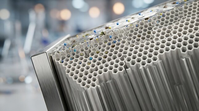 Close up view of an industrial honeycomb filter structure with particulate matter trapped inside for air purification and environmental filtration technology