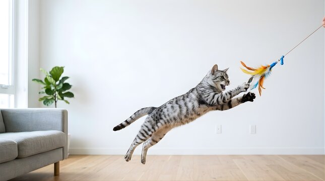 Silver tabby cat jumping to catch a colorful feather toy in a living room