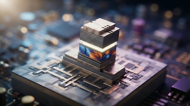 Advanced semiconductor processor chip with multi layered architecture on a motherboard for modern computing and artificial intelligence technology