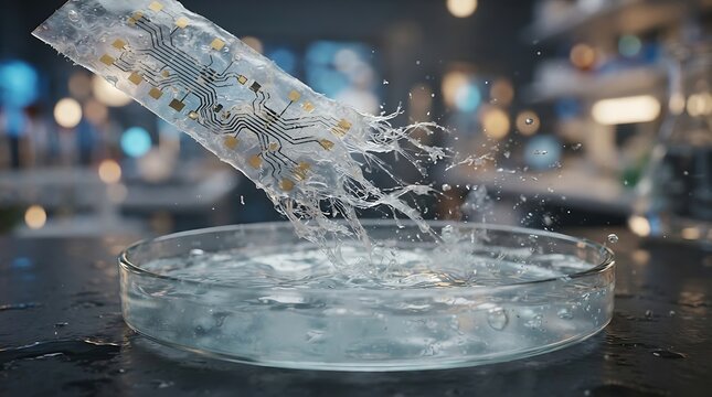 Flexible electronic circuit board being dipped into a laboratory petri dish with water splashes showcasing biotechnology and advanced material science