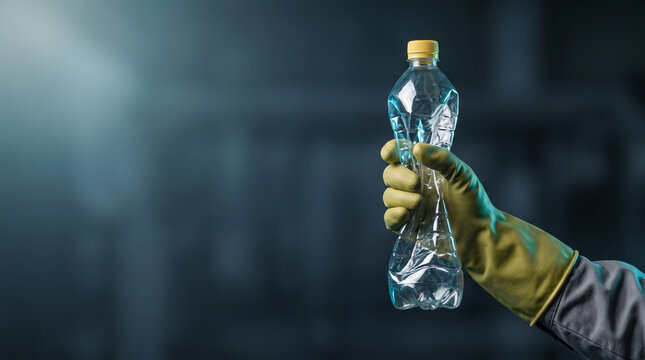 Hand in Protective Glove Crushing Plastic Bottle for Recycling Environment Conservation Concept Waste Management Industry Web Banner Background with Negative Copy Space