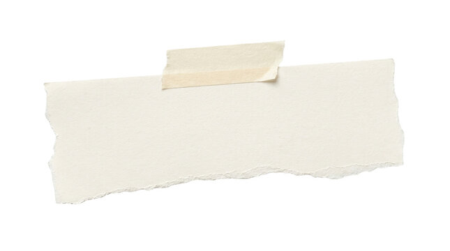 Torn paper scrap with adhesive tape, ripped white paper note on white background, blank paper fragment for message