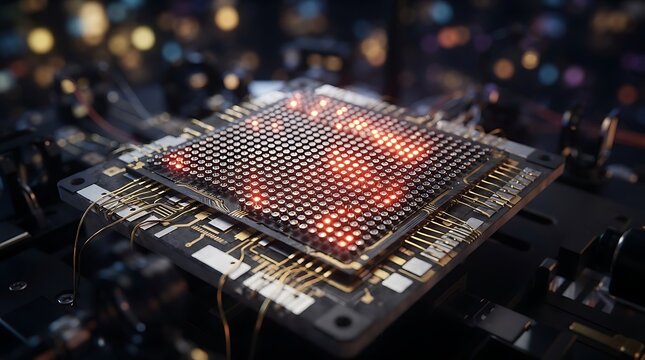 Advanced processor chip with glowing light patterns for futuristic computing and artificial intelligence development