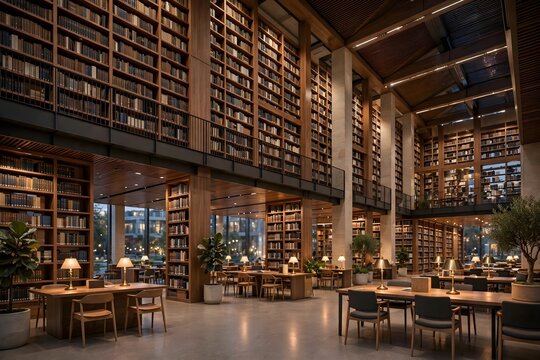 Grand Library Interior with Tall Bookshelves