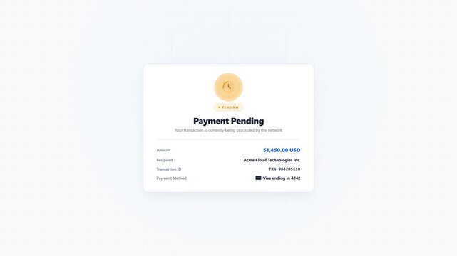 Digital Payment Pending Transaction Confirmation Screen with Clock Icon and Transaction Details
