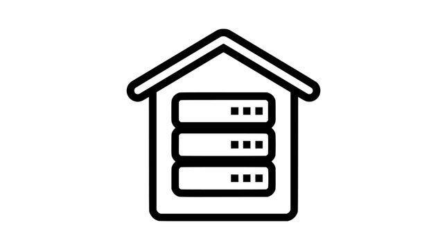 Server House Icon, Data Storage Building Vector, Cloud Computing Symbol, Technology Concept, IT Infrastructure Sign, Digital Network Illustration, Web Hosting Logo, Black Line Art for App Design
