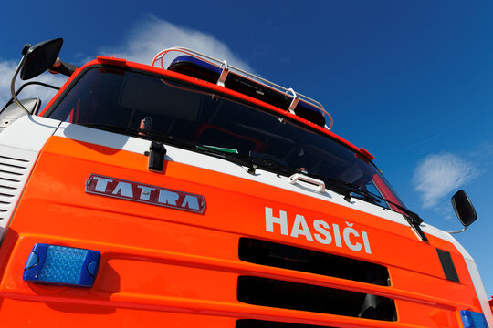 Ostrava, Czechia - Septemer 21, 2025: Tatra 815 fire engine and fire truck in the Czech Republic. Czech text on the vehicle, translation: Fire fighters. Vehicle used by firemen. Detail, shallow focus.