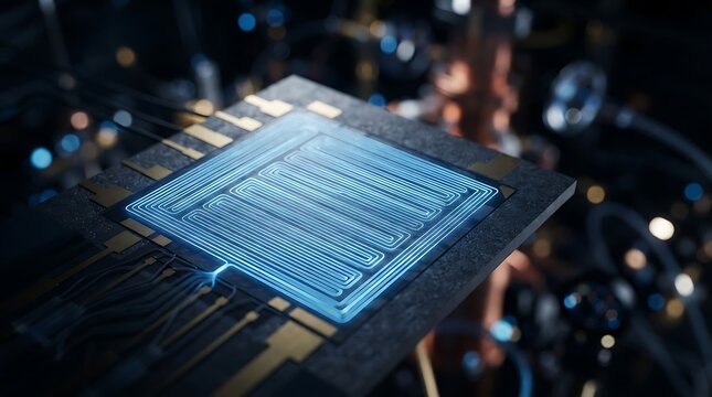 Quantum computing processor chip with glowing circuitry patterns in a high tech laboratory environment