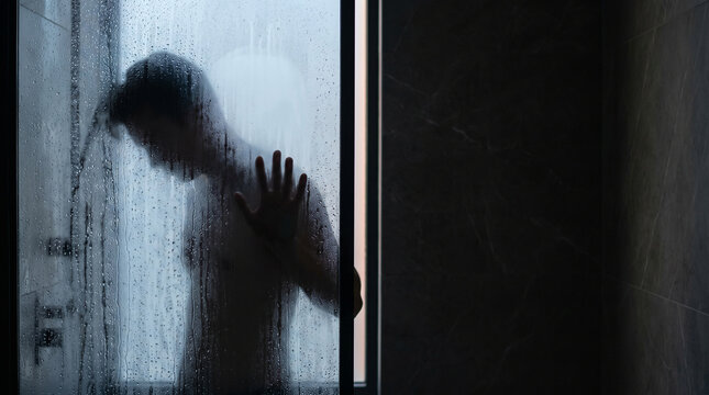 Man Silhouette Behind Steamy Glass in Shower with Hand on Window for Mental Health Awareness Depression Stress Psychology Concepts and Dramatic Dark Background Copy Space