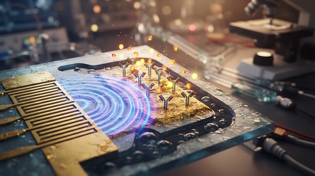 Advanced biosensor chip technology interacting with microscopic biological samples for medical diagnostic research in a modern laboratory setting