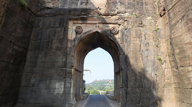 Massive Rock-Cut Kati Ghati Gateway in Chanderi, Madhya Pradesh, India.