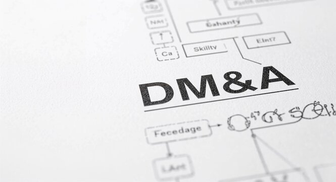 Flowchart and DM and A Text, A logo featuring a flowchart and the text DM and A symbolizing process oriented data management perfect for T shirt branding