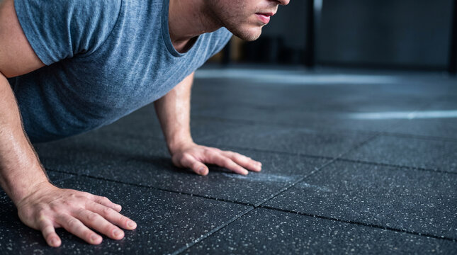 Close Up of Athletic Man Sweating and Doing Pushups on Gym Rubber Flooring for High Intensity Interval Training Workout Fitness Center Ads and Strength Motivation Banner