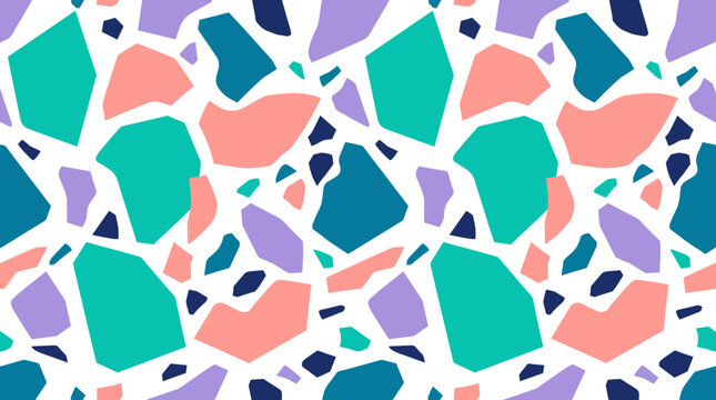 Playful pastel terrazzo pattern with organic confetti shapes on white seamless surface