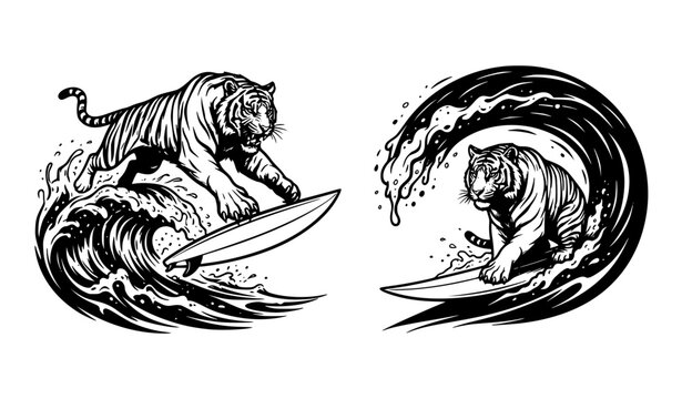 Fierce Tiger Surfing Wave Black and White Sports Mascot Vector Designs