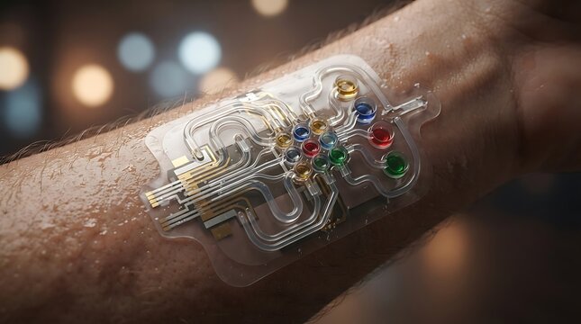 Advanced wearable health monitor patch with microfluidic sensors attached to human arm for real time sweat analysis and medical diagnostic data tracking