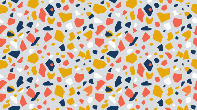 Modern terrazzo seamless pattern with bright colorful stone fragments on light backdrop