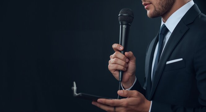 Moderator with Microphone and Agenda, An image of a moderator with a microphone and agenda set against a whimsical background offering ample space for text or graphics symbolizing order and structure