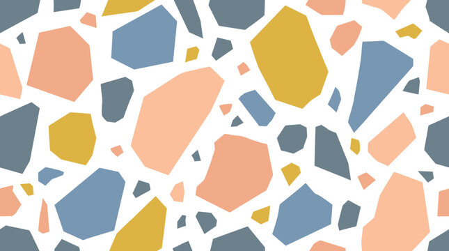 Modern terrazzo pattern design with soft pastel colored geometric stone shapes on white base