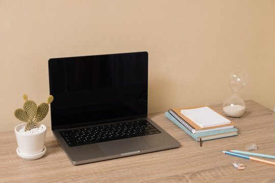 Work desk with a laptop, notebook, and plants in a simple setting
