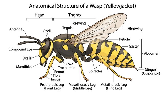 Anatomical structure of a wasp yellowjacket, detailed insect biology diagram with labels, educational entomology chart for science study