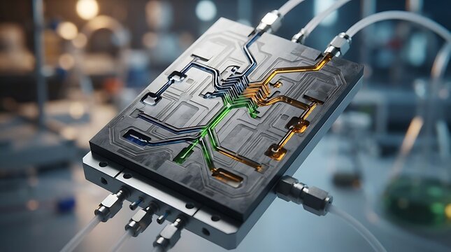 Microfluidic chip with colorful liquid channels for advanced biological research and chemical analysis in a modern laboratory environment
