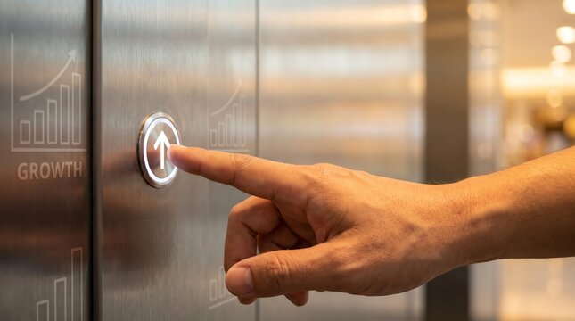 Hand pressing elevator button with upward growth chart graphic