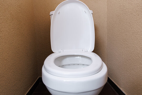 Toilet bowl in clean bathroom room, sanitary plumbing equipment and hygiene concept