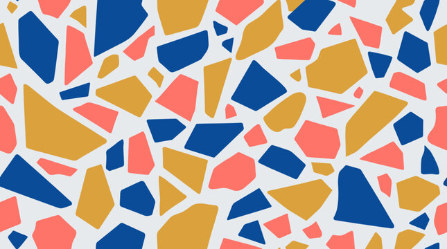 Terrazzo pattern design with geometric shapes in colorful blue salmon and mustard yellow