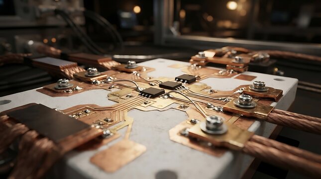 Close up view of power electronics module with integrated circuits and copper busbars on a ceramic substrate for high voltage industrial energy applications