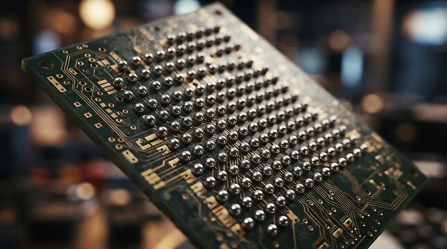 Macro view of a computer processor chip with ball grid array solder bumps on a printed circuit board for electronic hardware manufacturing concept
