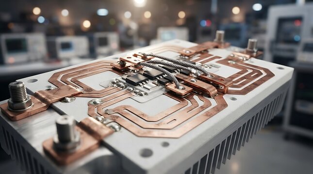 High power electronic module with copper busbars and microchip mounted on cooling heatsink for industrial electrical power conversion and energy systems