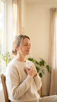 Woman meditating with quartz crystal at chest in sunlit cozy home interior. Spiritual practice, crystal healing and mindfulness concept. Self care and inner peace.