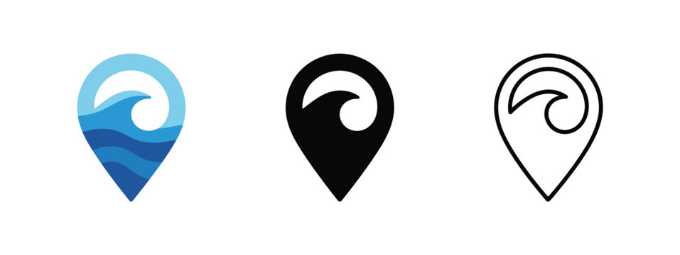 Ocean Wave Pin Icon Set with map markers representing beaches, surf locations, coastal destinations, sea travel, vacation navigation, and seaside places, vector illustrations.