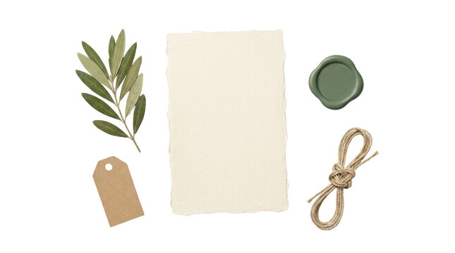 Elegant wedding stationery mockup, blank deckle edge paper with olive branch, green wax seal and twine on white background