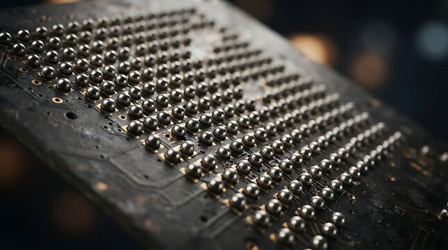 Macro view of computer processor BGA chip with solder balls on printed circuit board for electronic manufacturing and high technology hardware components
